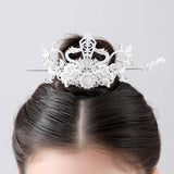 Chinese Hairpins Clips Silver Metal Pearls Crown Tiara