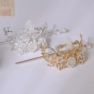 Chinese Hairpins Clips Silver Metal Pearls Crown Tiara