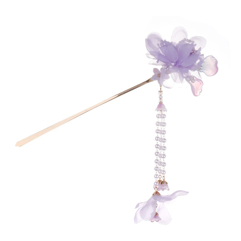 Chinese Silk Floral Hairpin Fringe Headwear for Party Outfit