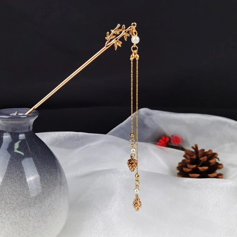 Vintage Bamboo Pearl Hair Sticks Tassel Golden Hanfu Hair Accessories
