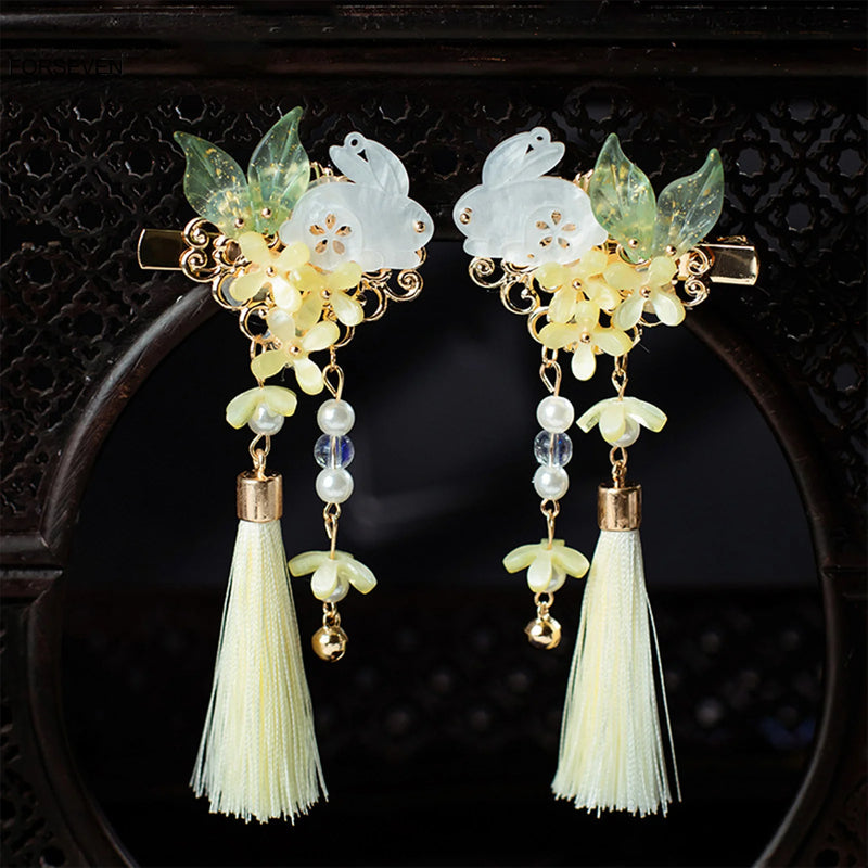 Chinese Hairpins Side Clips Yellow Flower Hairclips Rabbit Headpiece Tassel