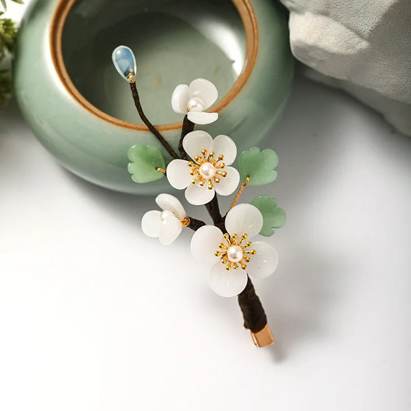 Chinese Hanfu Dress Flower Leaf Pearls Side Clips Hairpins