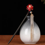 Chinese Hanfu Dress Red Crystal Flower Wooden Hair Fork
