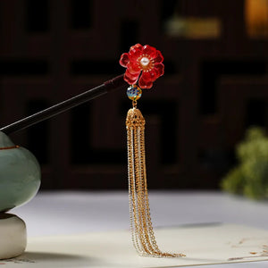 Chinese Hanfu Dress Red Crystal Flower Wooden Hair Fork