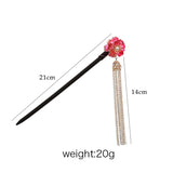 Chinese Hanfu Dress Red Crystal Flower Wooden Hair Fork