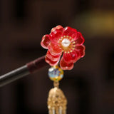 Chinese Hanfu Dress Red Crystal Flower Wooden Hair Fork