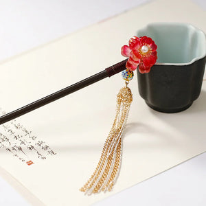 Chinese Hanfu Dress Red Crystal Flower Wooden Hair Fork