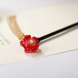 Chinese Hanfu Dress Red Crystal Flower Wooden Hair Fork