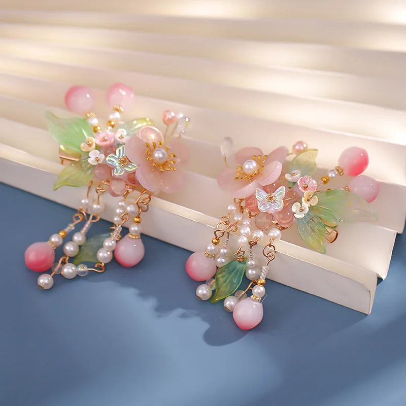 Vintage Chinese Hanfu Flower Hairpin Hair Clips with Beads Tassel Berrettes