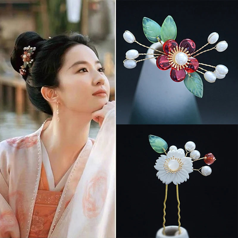 Hanfu Hair Accessories Flower Pearl Tassel Hair Sticks Vintage Wedding Bridal