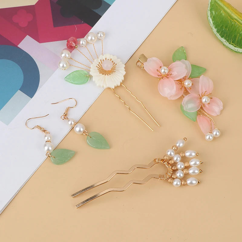 Hanfu Hair Accessories Flower Pearl Tassel Hair Sticks Vintage Wedding Bridal