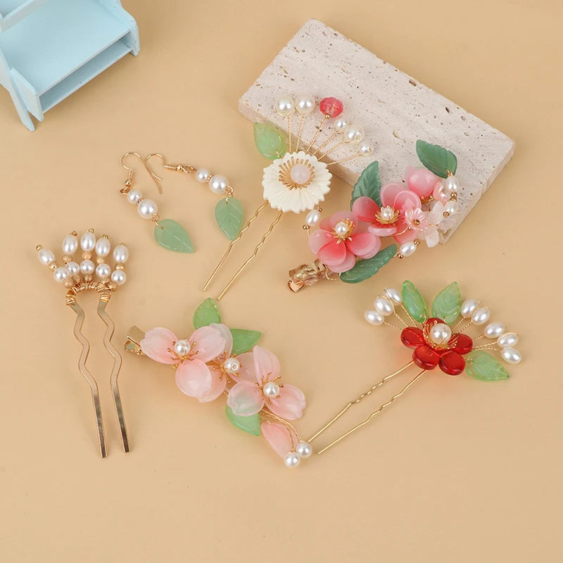 Hanfu Hair Accessories Flower Pearl Tassel Hair Sticks Vintage Wedding Bridal