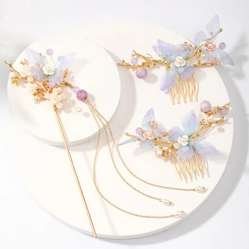 Chinese Hanfu Hair Accessories Vintage Flower Tassel Hair Clip Comb Set