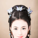 Chinese Hanfu Hair Crown Antique Purple Butterfly Beads Tassel Hair Pin Set