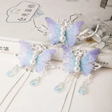 Chinese Hanfu Hair Crown Antique Purple Butterfly Beads Tassel Hair Pin Set
