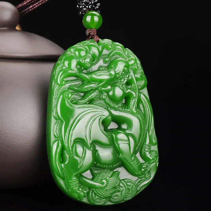 Chinese Hetian Green Jade Pixiu Pendant Necklace Hand Carving Charm Jewelry