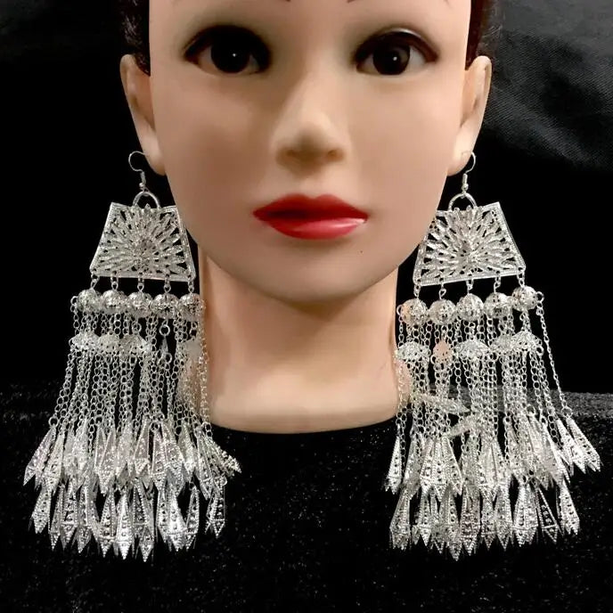 Chinese Hmong Earrings Big Sliver Colour Women Miao Dance