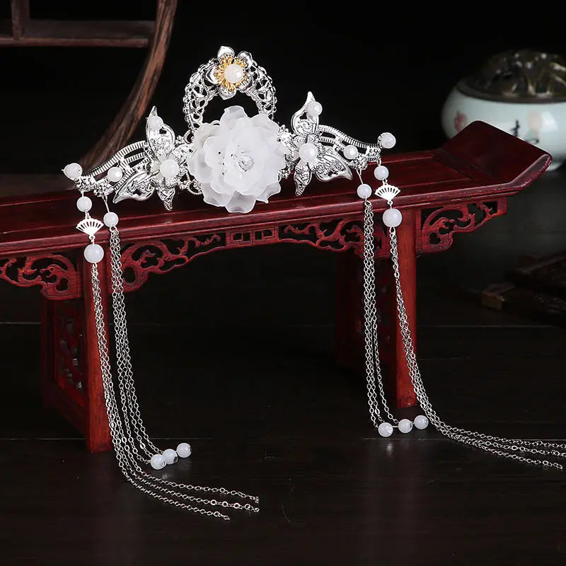 Chinese Jade Flower Fringe Hair Crown Hanfu Headdress