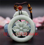 Chinese Lantian Jade Green Hollow Flower Pendant Necklace Charm