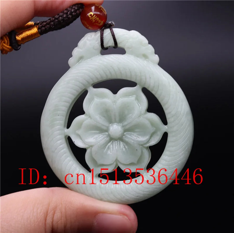Chinese Lantian Jade Green Hollow Flower Pendant Necklace Charm