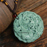 Chinese Green Jade Dragon Phoenix Pendant Necklace Lucky Amulet
