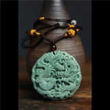 Chinese Green Jade Dragon Phoenix Pendant Necklace Lucky Amulet