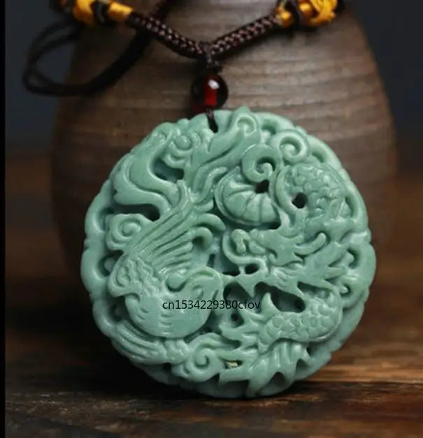 Chinese Green Jade Dragon Phoenix Pendant Necklace Lucky Amulet