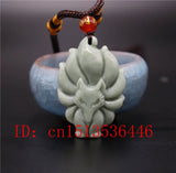 Chinese Lantian Jade Green Seven-tailed Fox Pendant Necklace Charm Jewellery