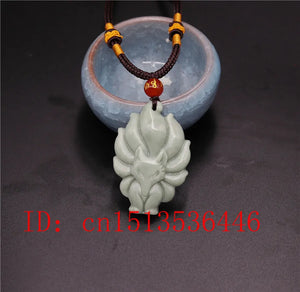 Chinese Lantian Jade Green Seven-tailed Fox Pendant Necklace Charm Jewellery