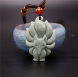 Chinese Lantian Jade Green Seven-tailed Fox Pendant Necklace Charm Jewellery
