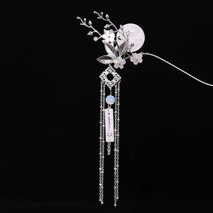 Chinese Long Moon Hair Sticks Silver Flower Leaf Headpiece