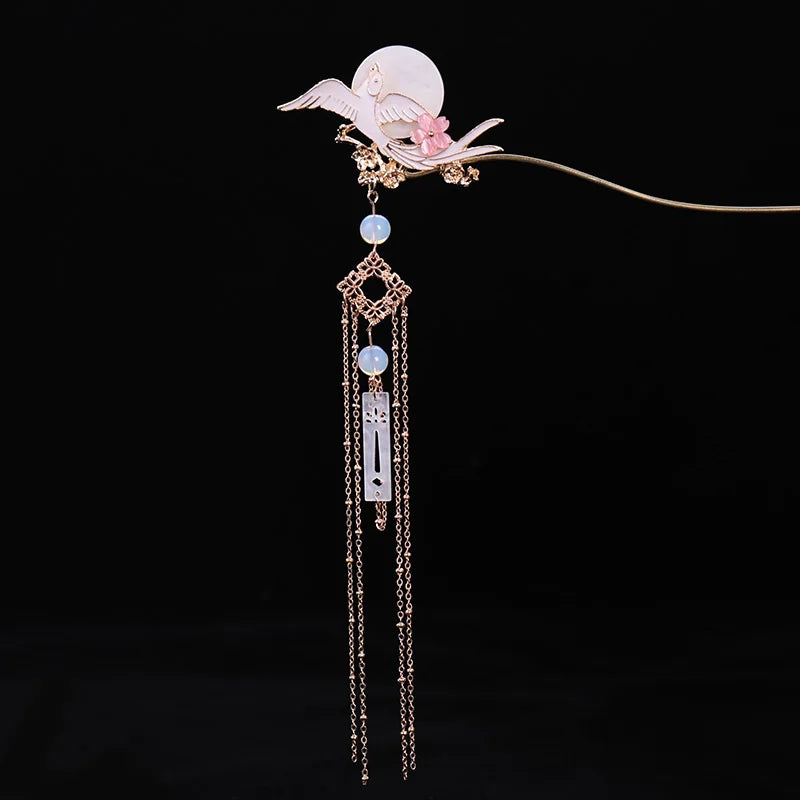 Chinese Long Moon Hair Sticks Silver Flower Leaf Headpiece