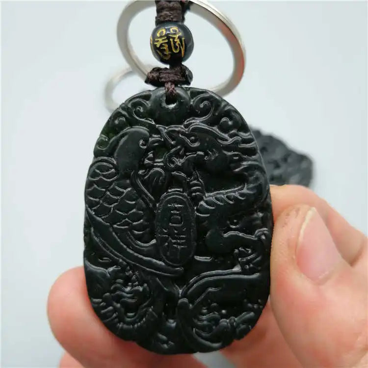 Chinese Green Jade Lucky Dragon Phoenix Keychain Necklace
