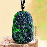 Chinese Green Jade Dragon Pendant Necklace Luck Amulet Sweater Chain