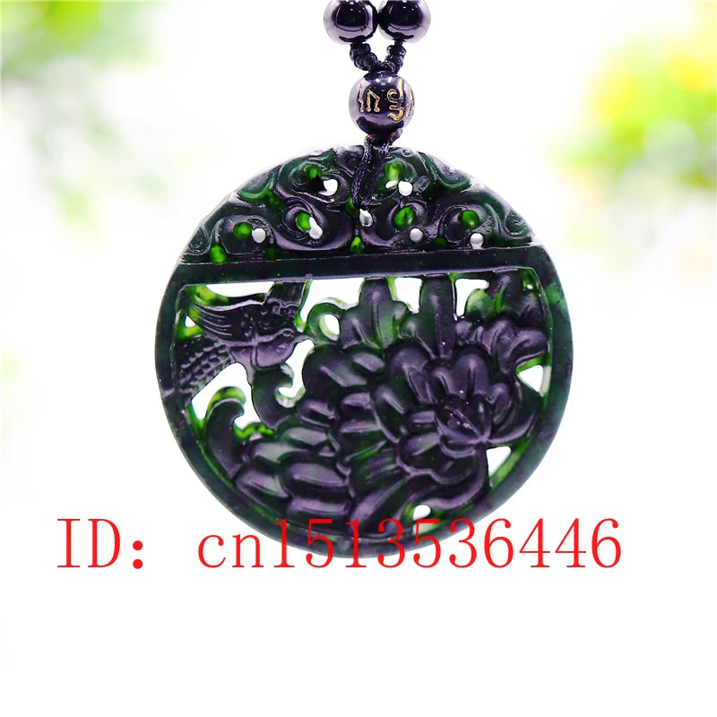 Chinese Green Jade Flower Bird Pendant Necklace Jewellery