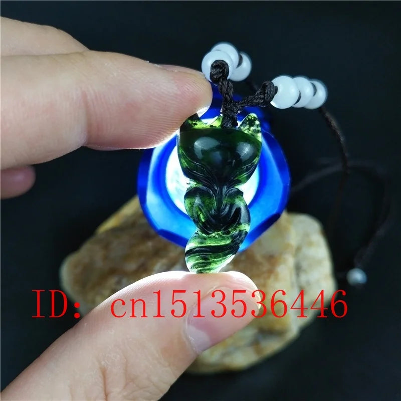 Chinese Green Jade Fox Pendant Necklace Charm Hand-Carved Lucky Amulet