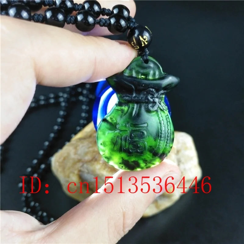 Chinese Green Jade Lucky Bag Pendant Necklace Charm Jewellery