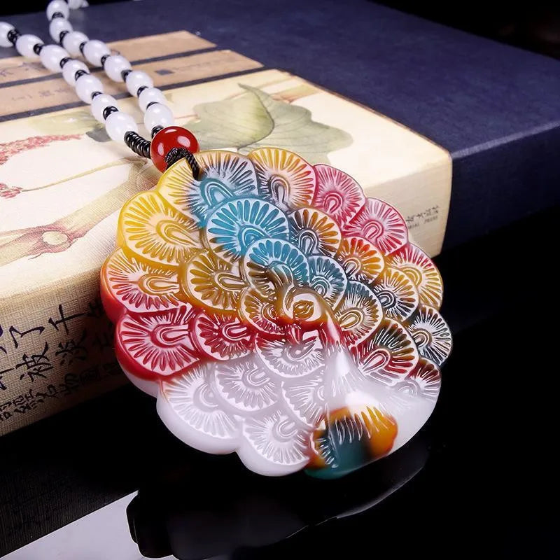 Natural Colour Jade Peacock Pendant Necklace Hand-carved Charm Jadeite Jewelry