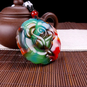 Chinese Natural Jade Rose Flower Pendant Necklace Hand-carved Jadeite Jewelry