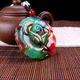 Chinese Natural Jade Rose Flower Pendant Necklace Hand-carved Jadeite Jewelry