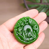 Hand-carved Natural Green Jade Carp Pendant Necklace for Men Women