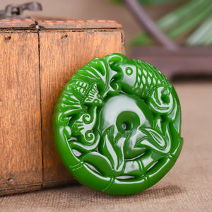 Hand-carved Natural Green Jade Carp Pendant Necklace for Men Women