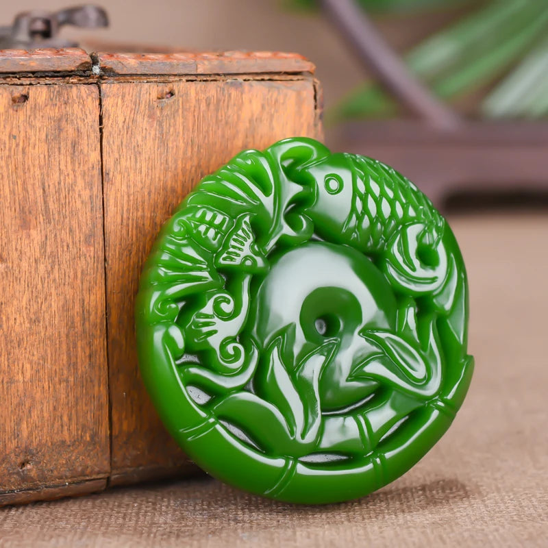 Hand-carved Natural Green Jade Carp Pendant Necklace for Men Women