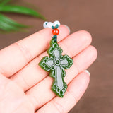 Hand-carved Green Jade Cross Pendant Necklace for Luck
