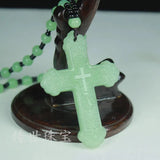 Chinese Green Jade Cross Pendant Necklace Hand-carved Charm Jadeite Jewelry