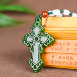 Hand-carved Green Jade Cross Pendant Necklace for Luck