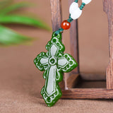 Hand-carved Green Jade Cross Pendant Necklace for Luck