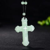Chinese Green Jade Cross Pendant Necklace Hand-carved Charm Jadeite Jewelry