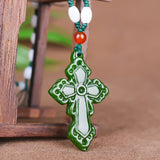 Hand-carved Green Jade Cross Pendant Necklace for Luck