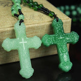 Chinese Green Jade Cross Pendant Necklace Hand-carved Charm Jadeite Jewelry
